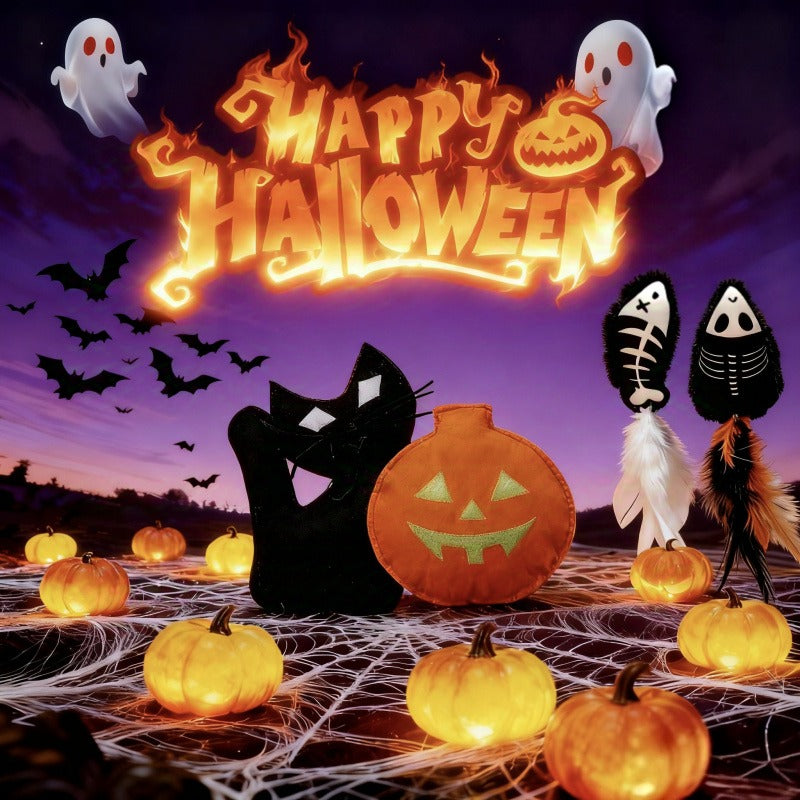 Halloween Catnip Toy Set | Pumpkin, Fishbone, Cat & Mouse Bone Plush Toys