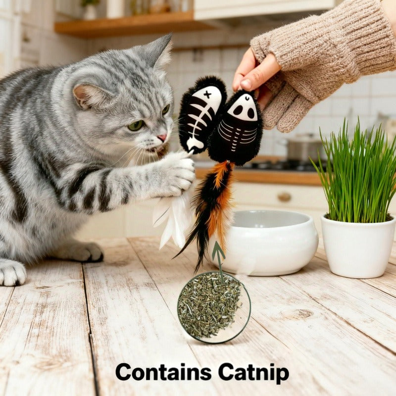 Halloween Catnip Toy Set | Pumpkin, Fishbone, Cat & Mouse Bone Plush Toys